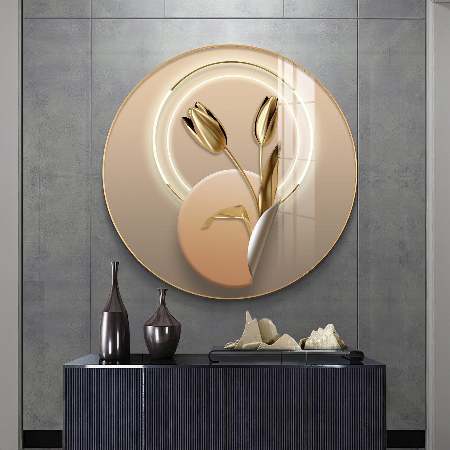 Golden Petal Premium Acrylic Round Wall Art