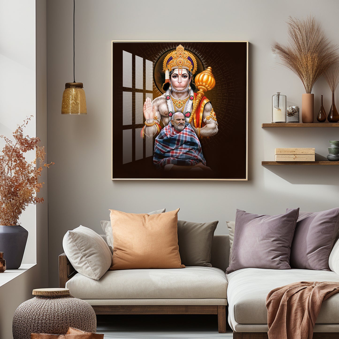 Lord Hanuman Ji and Need Karoli Baba Premium Acrylic Square Wall Art