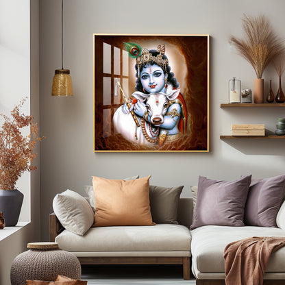 Krishna With Bansuri & Cow Premium Acrylic Horizontal Wall Art