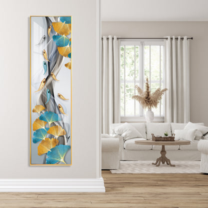 Blue & Golden Leaves With Fishes Premium Acrylic Vertical Wall Art