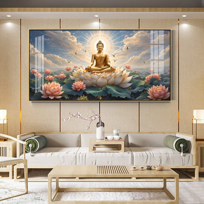 Peaceful Buddha On Lotus Premium Acrylic Horizontal Wall Art - 40X20 inches / Gold