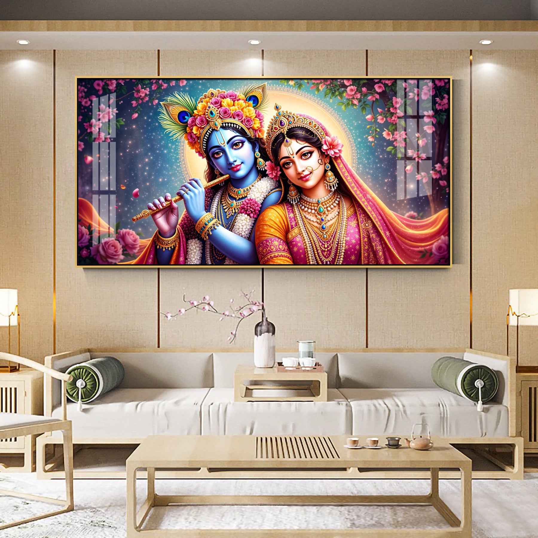 Shree Radha Krishna With Flute Premium Acrylic Horizontal Wall Art