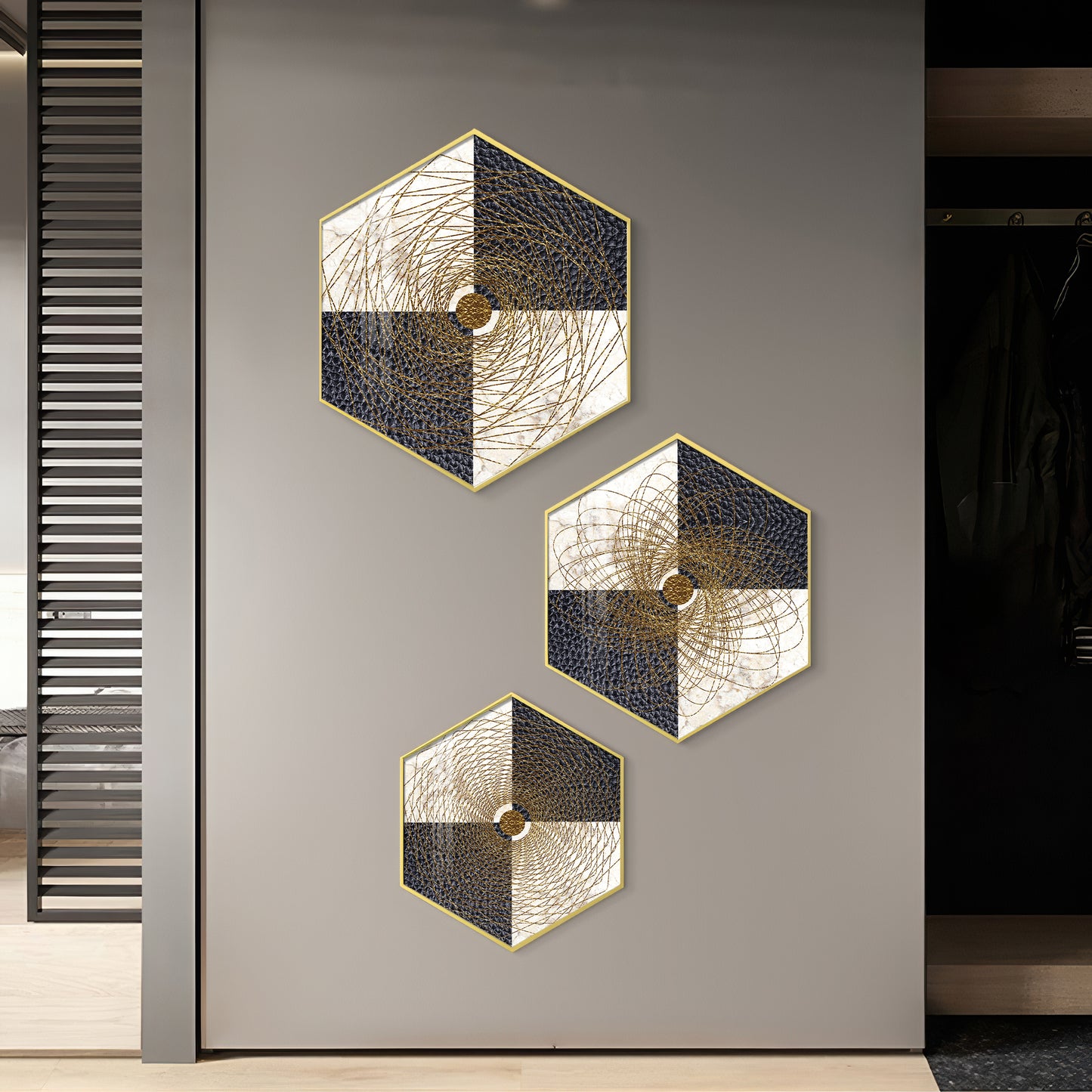 Spiral In Golden Premium Acrylic Hexagon Wall Art (Set of 3)