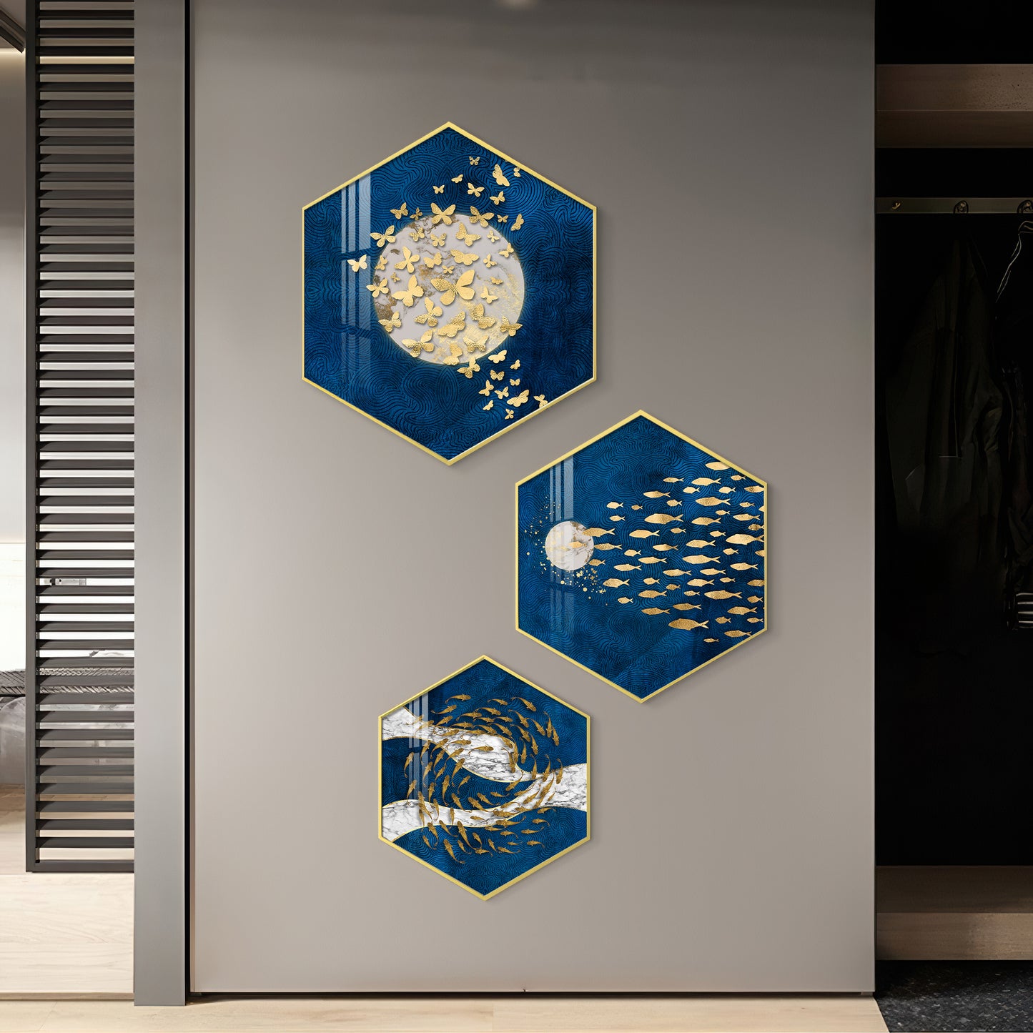 Golden Fish And Butterfly Premium Acrylic Hexagon Wall Art (Set of 3)