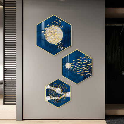 Golden Fish And Butterfly Premium Acrylic Hexagon Wall Art (Set of 3)