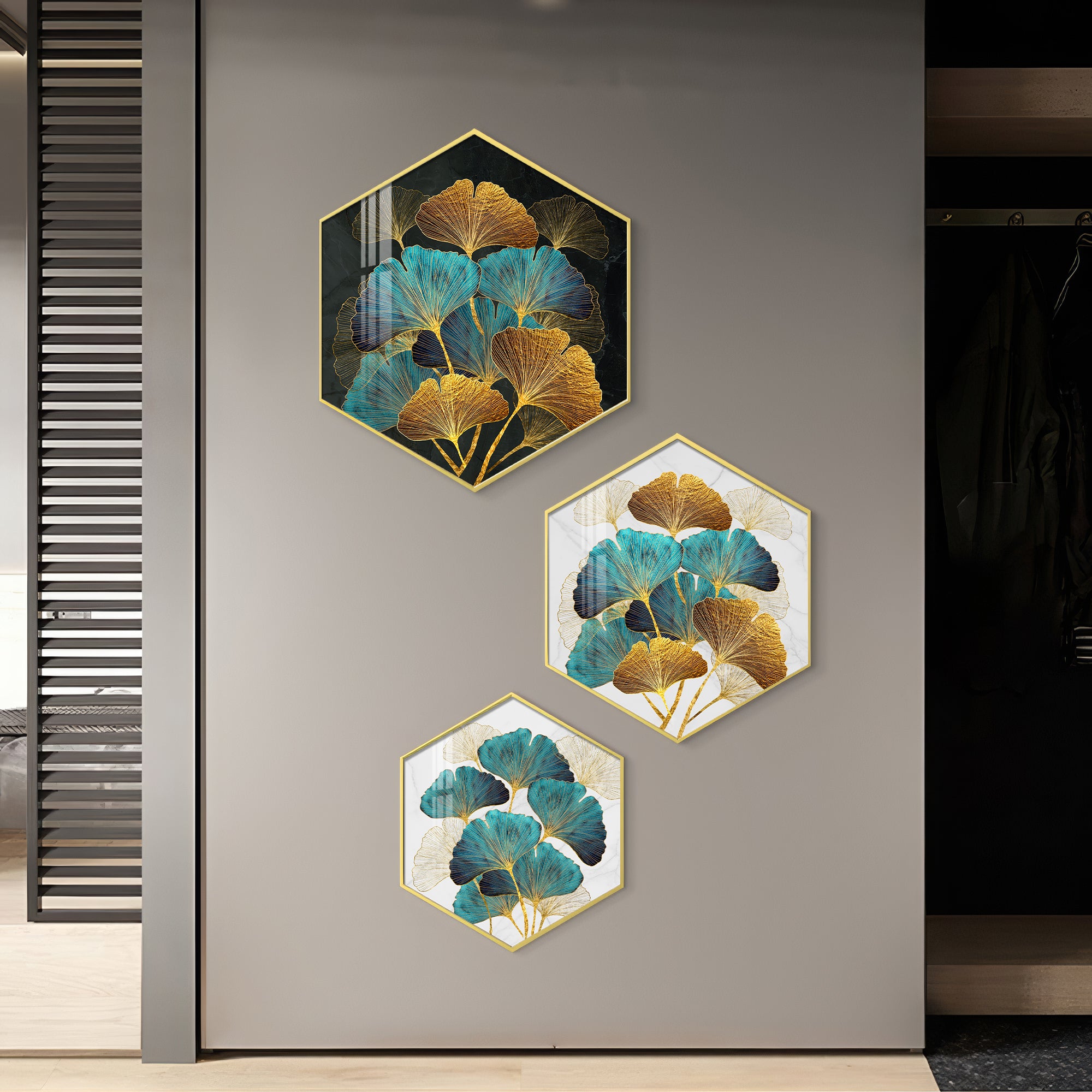 Ginko Leaf Premium Acrylic Hexagon Wall Art (Set of 3)