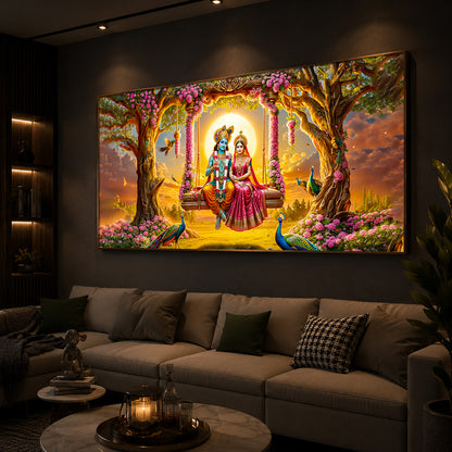 Loving Couple Lord Radha Krishna Modern Luxury Backlight Horizontal Wall Art