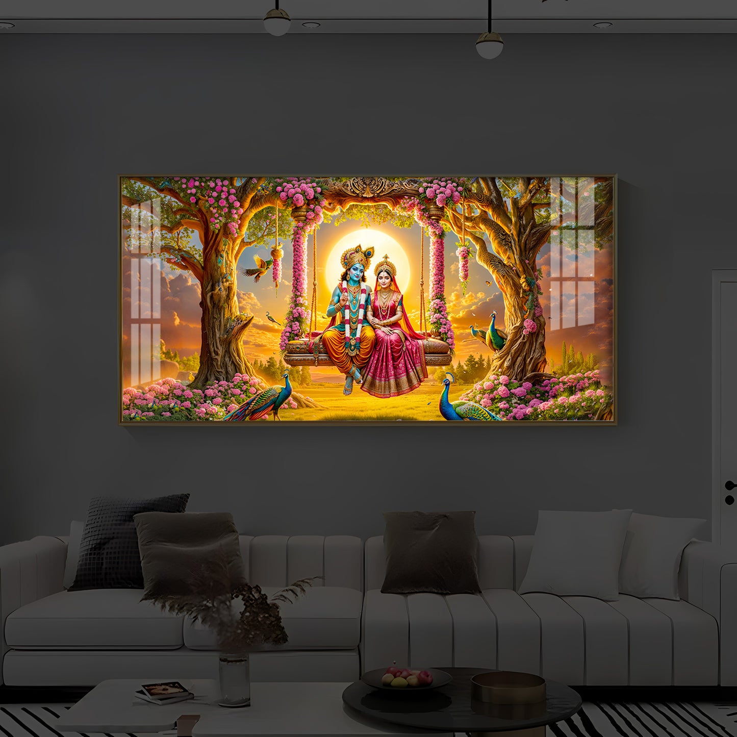 Loving Couple Lord Radha Krishna Modern Luxury Backlight Horizontal Wall Art
