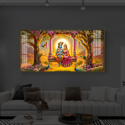 Loving Couple Lord Radha Krishna Modern Luxury Backlight Horizontal Wall Art