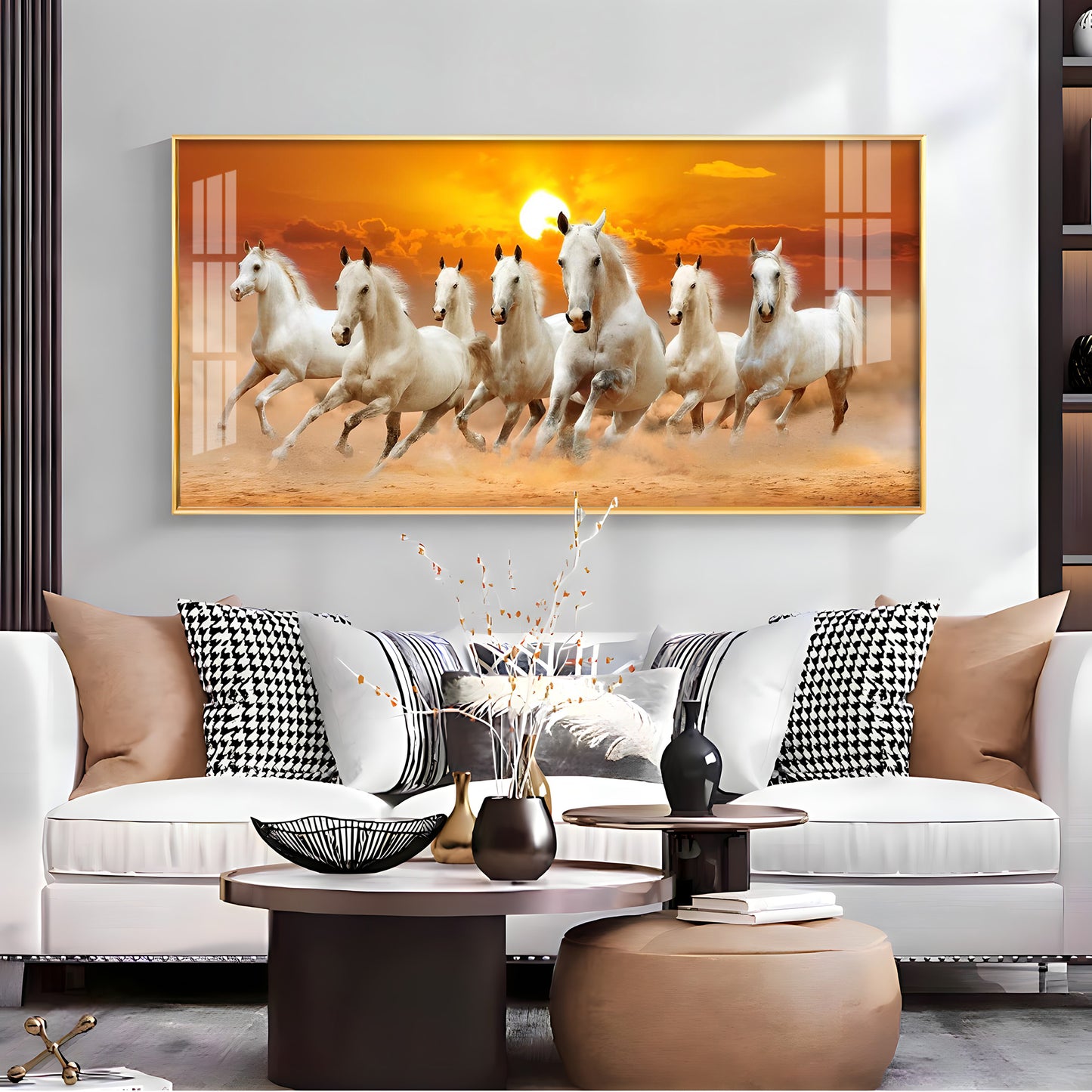 White 7 Running Horses Premium Acrylic Horizontal Wall Art