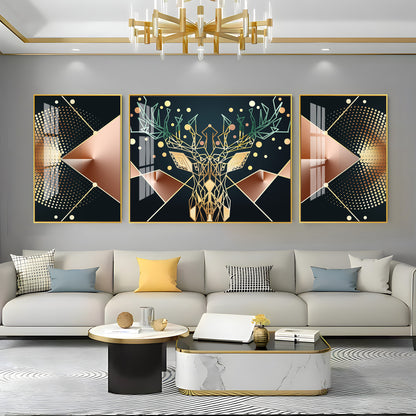 Golden Deer Mural Premium Acrylic Wall Art (Set of 3)