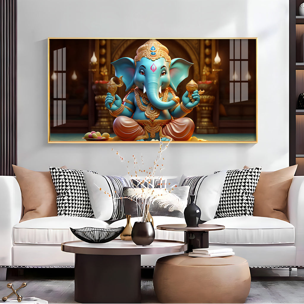 Lord Ganesha Holding Shell Premium Acrylic Horizontal Wall Art