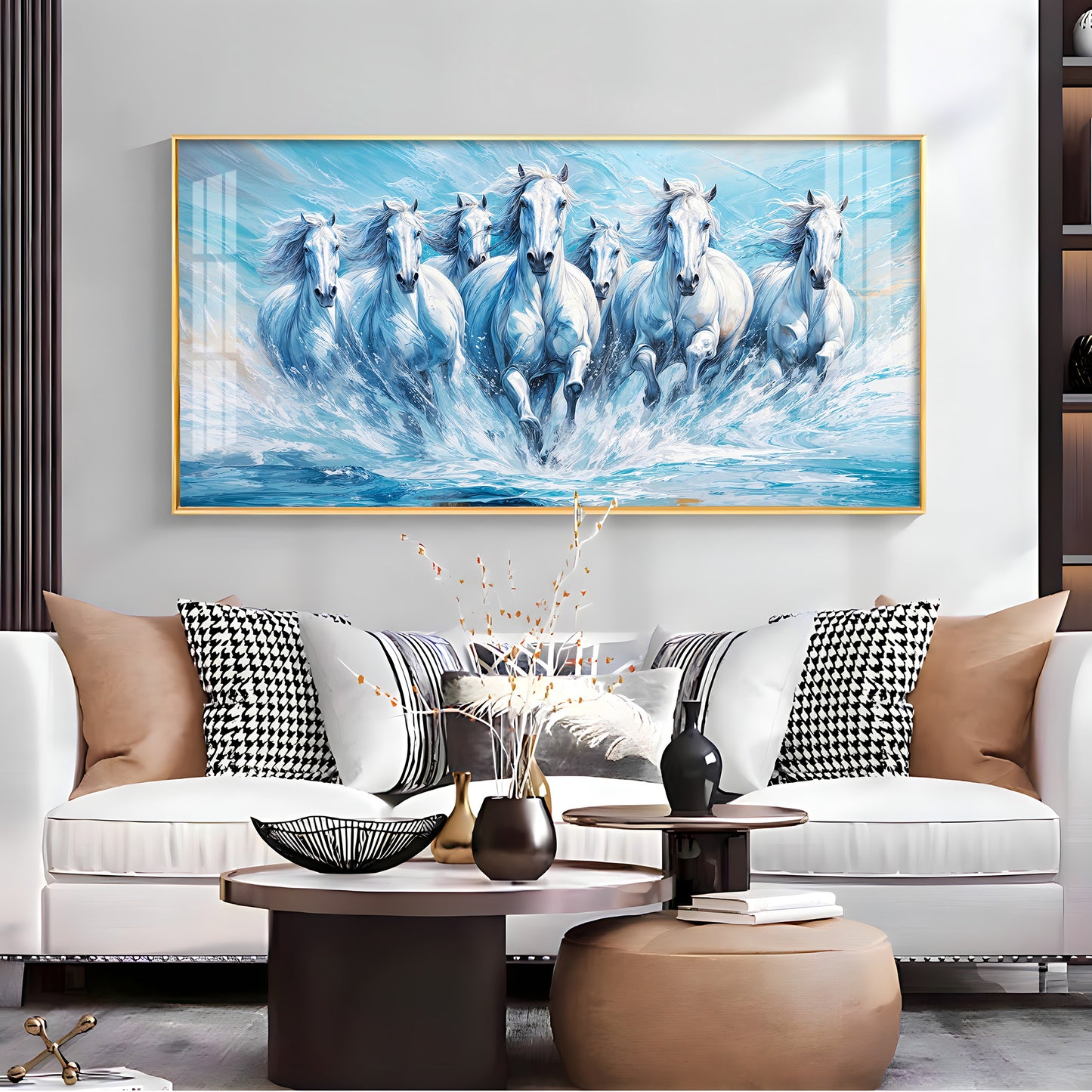 Running Horses in River Premium Acrylic Horizontal Wall Art