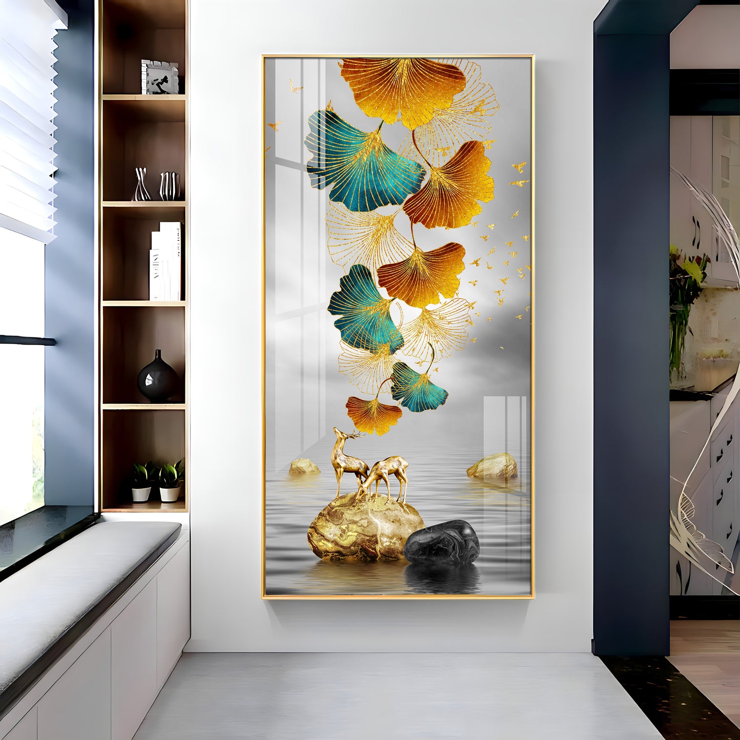 Golden Elk Leaves With Deer Premium Acrylic Vertical Wall Art