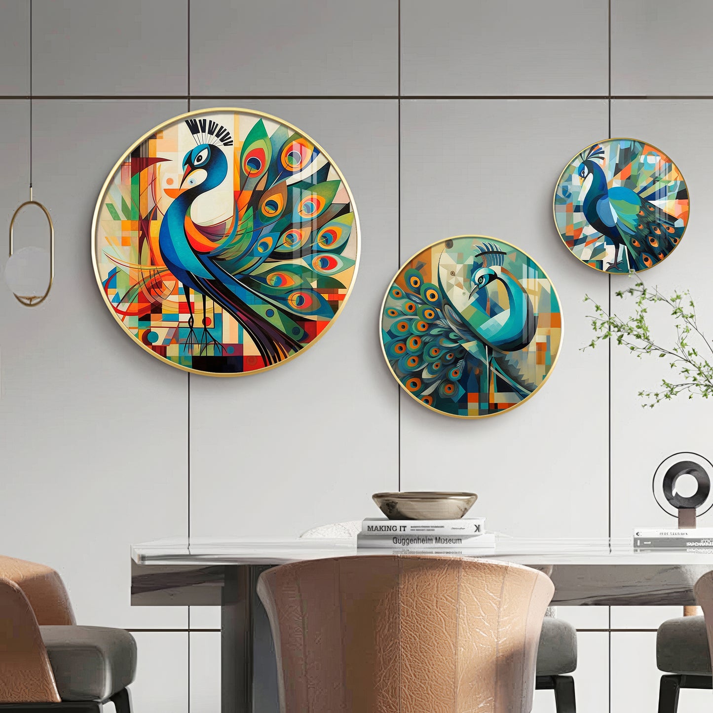 Colorful Peacock Abstract Premium Acrylic Round Wall Art (Set of 3)