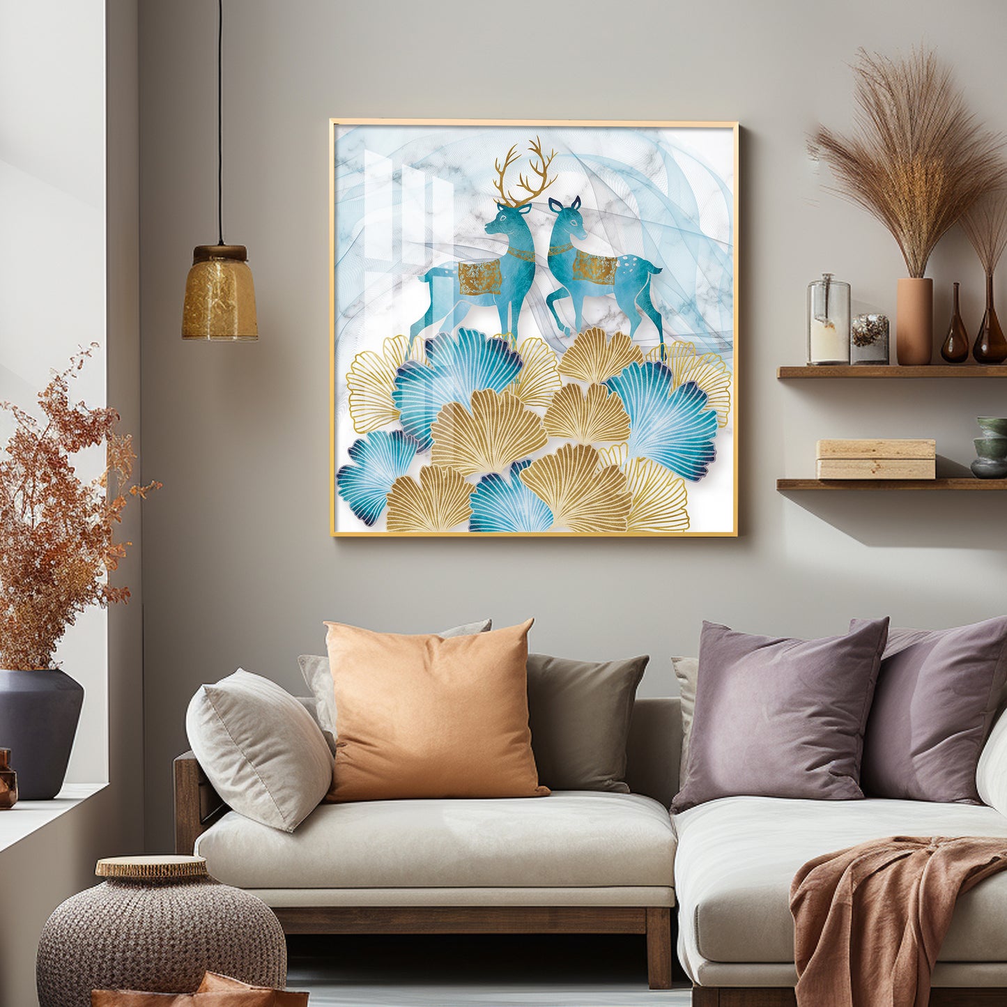 Blue Deer With Ginkgo Leaf Premium Acrylic Square Wall Art