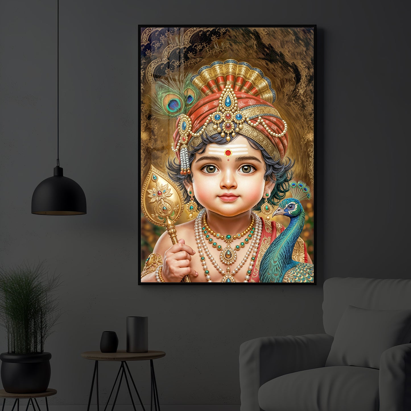 Little Murugan With Peacock Modern Luxury Backlight Vertical Wall Art