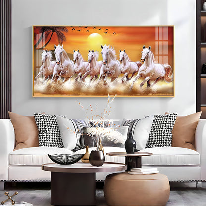 7 White Running Horses in The Sea With Sunrise Premium Acrylic Horizontal Wall Art