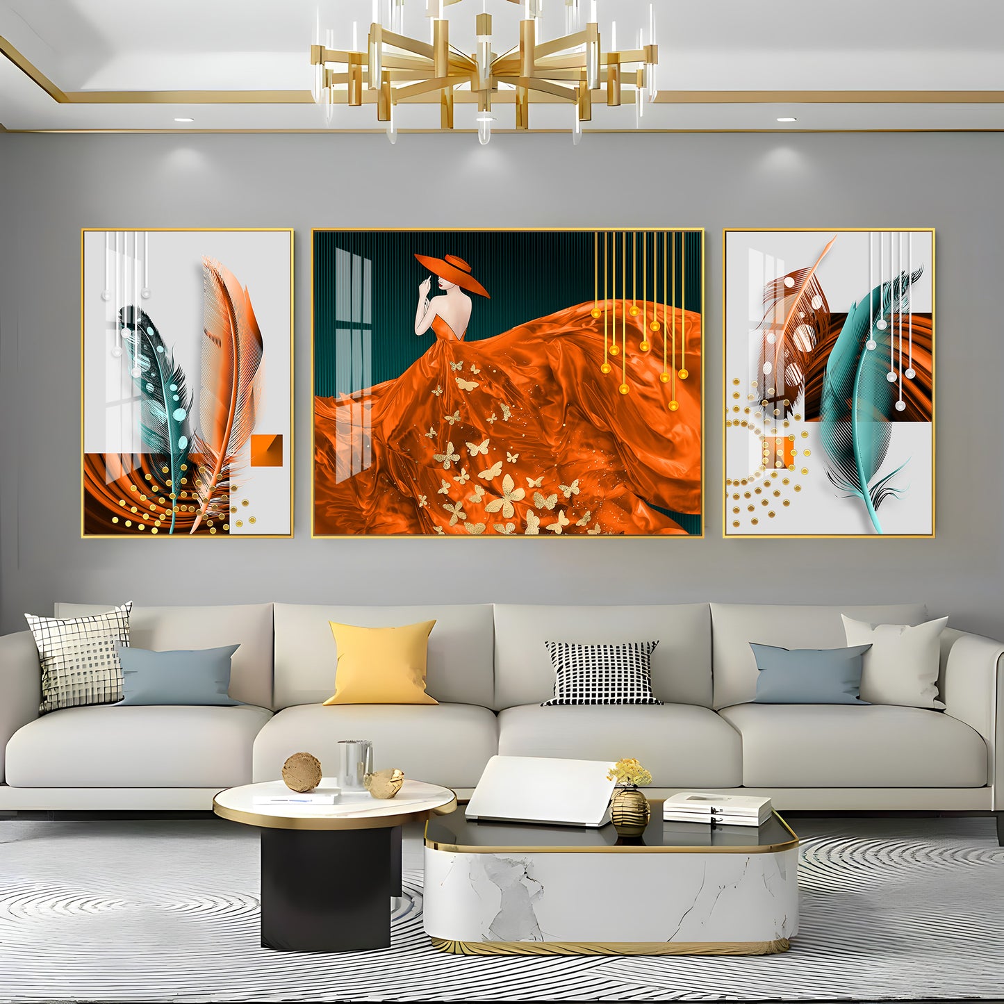 Women In Beautiful Orange Outfit Premium Acrylic Wall Art (Set of 3)