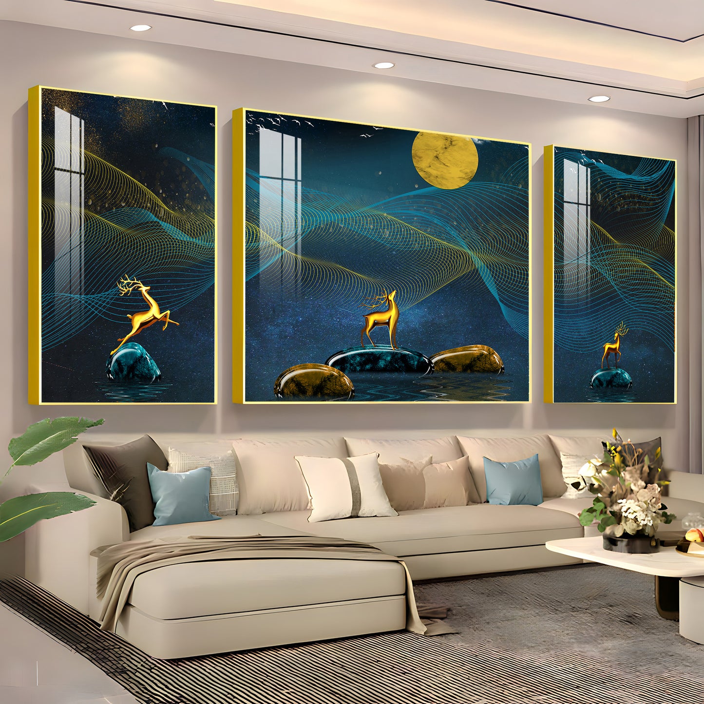 Deers Under Full Moon Night Premium Acrylic Wall Art (Set of 3)