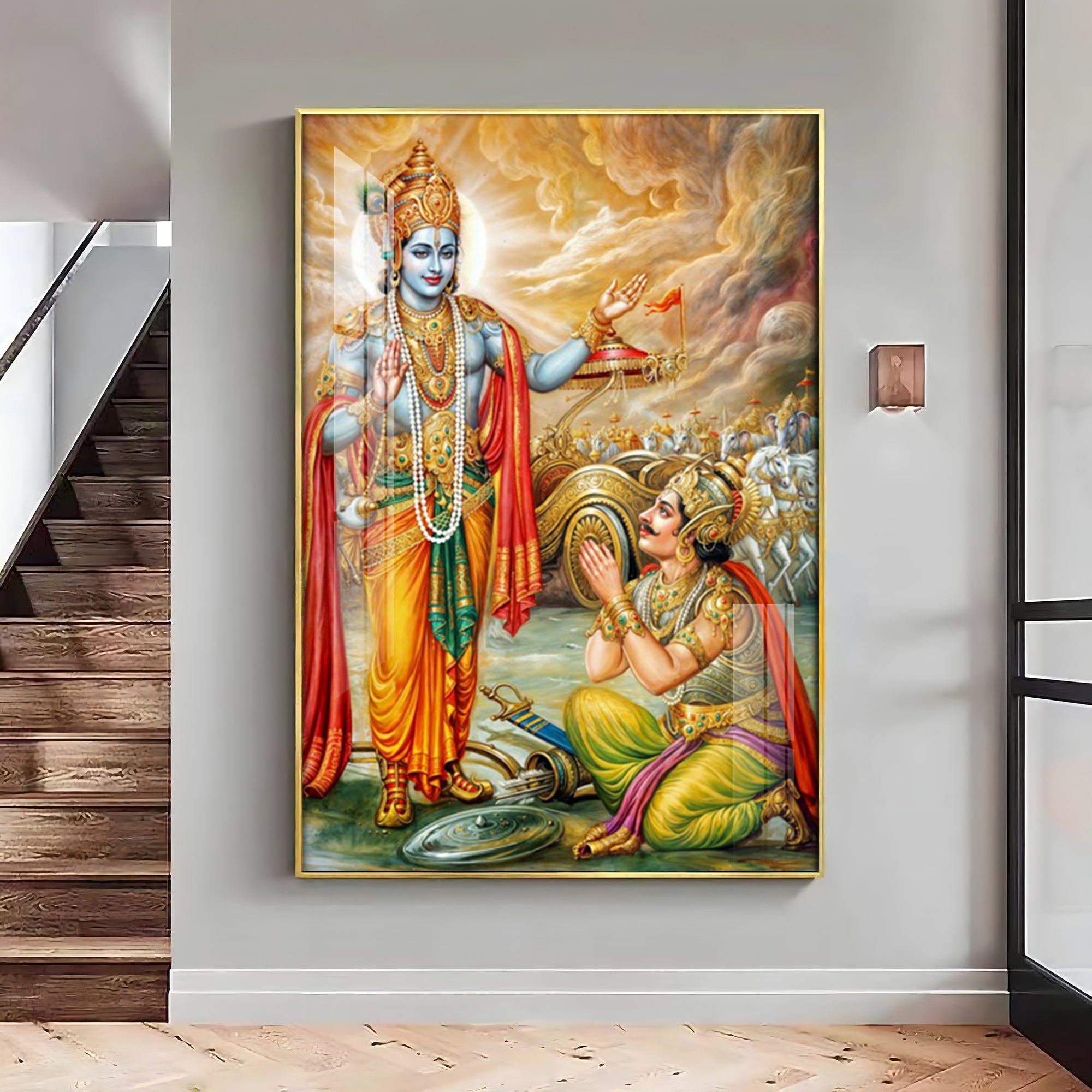 Lord Krishna & Arjuna Premium Acrylic Vertical Wall Art