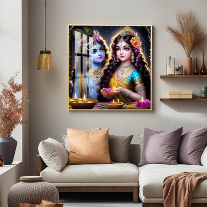 Glowing Krishna Radha Premium Acrylic Square Wall Art