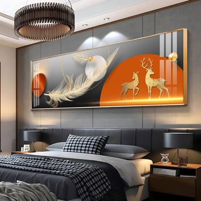 Golden Deers With Feathers Premium Acrylic Horizontal Wall Art