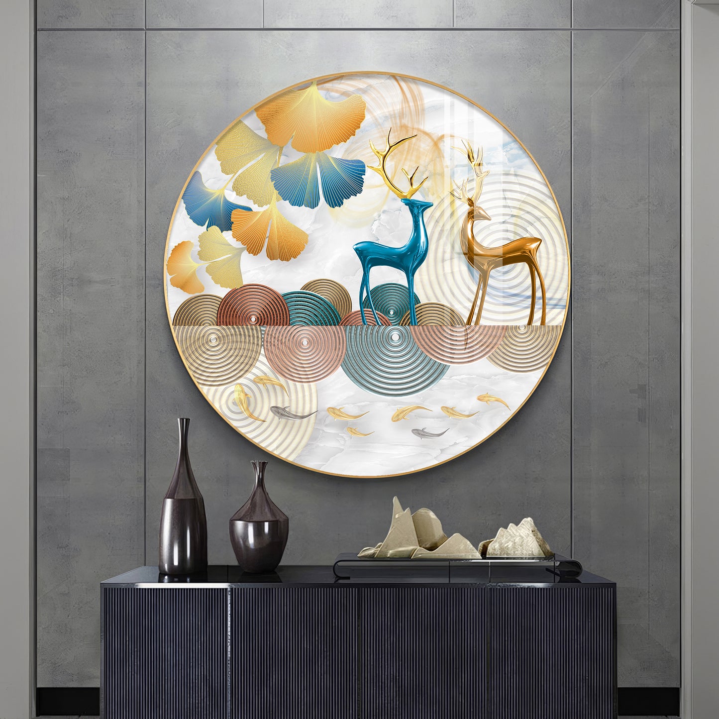 Deer Among Blossoms Premium Acrylic Round Wall Art