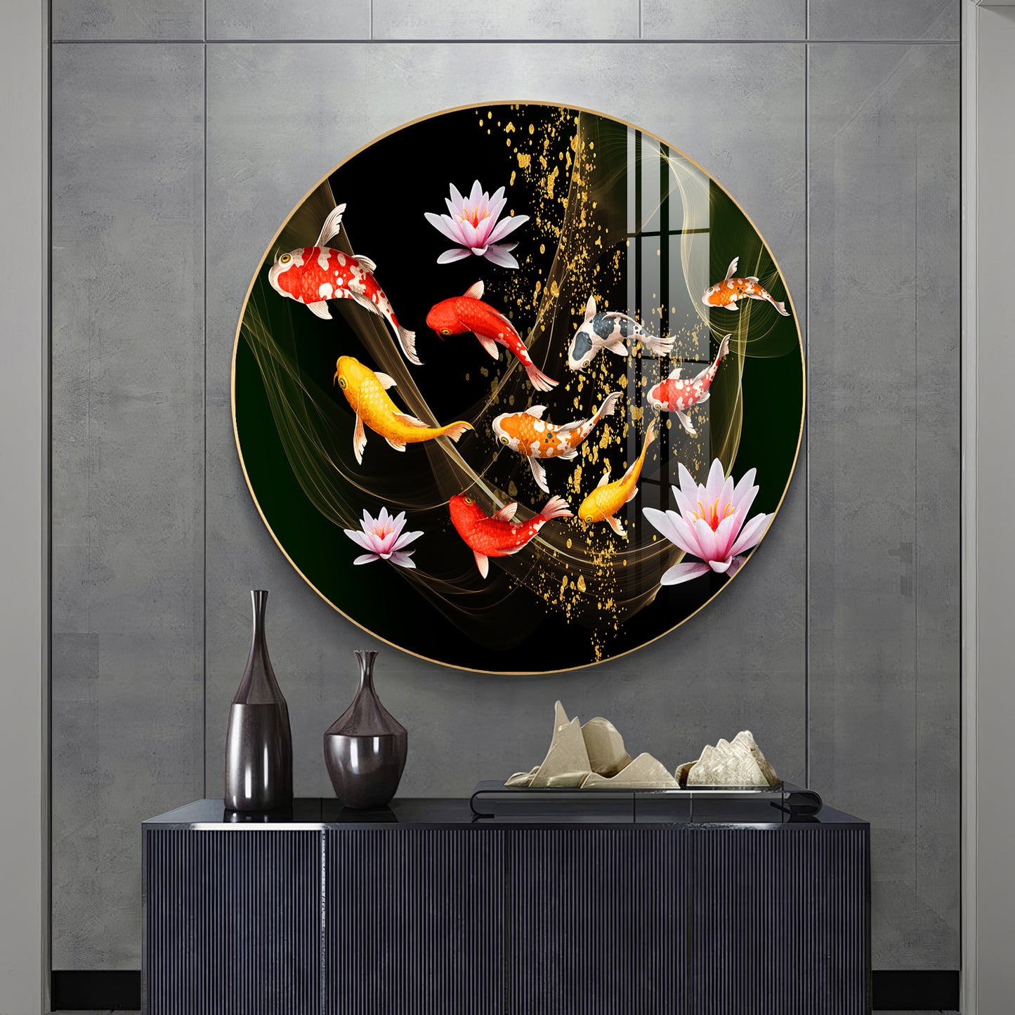 Colorful Koi In Motion Premium Acrylic Round Wall Art