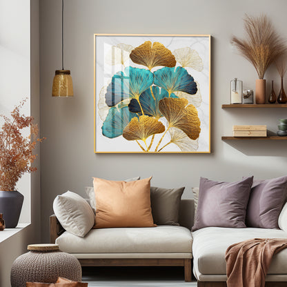 Golden Blue Ginkgo Leaf Premium Acrylic Square Wall Art