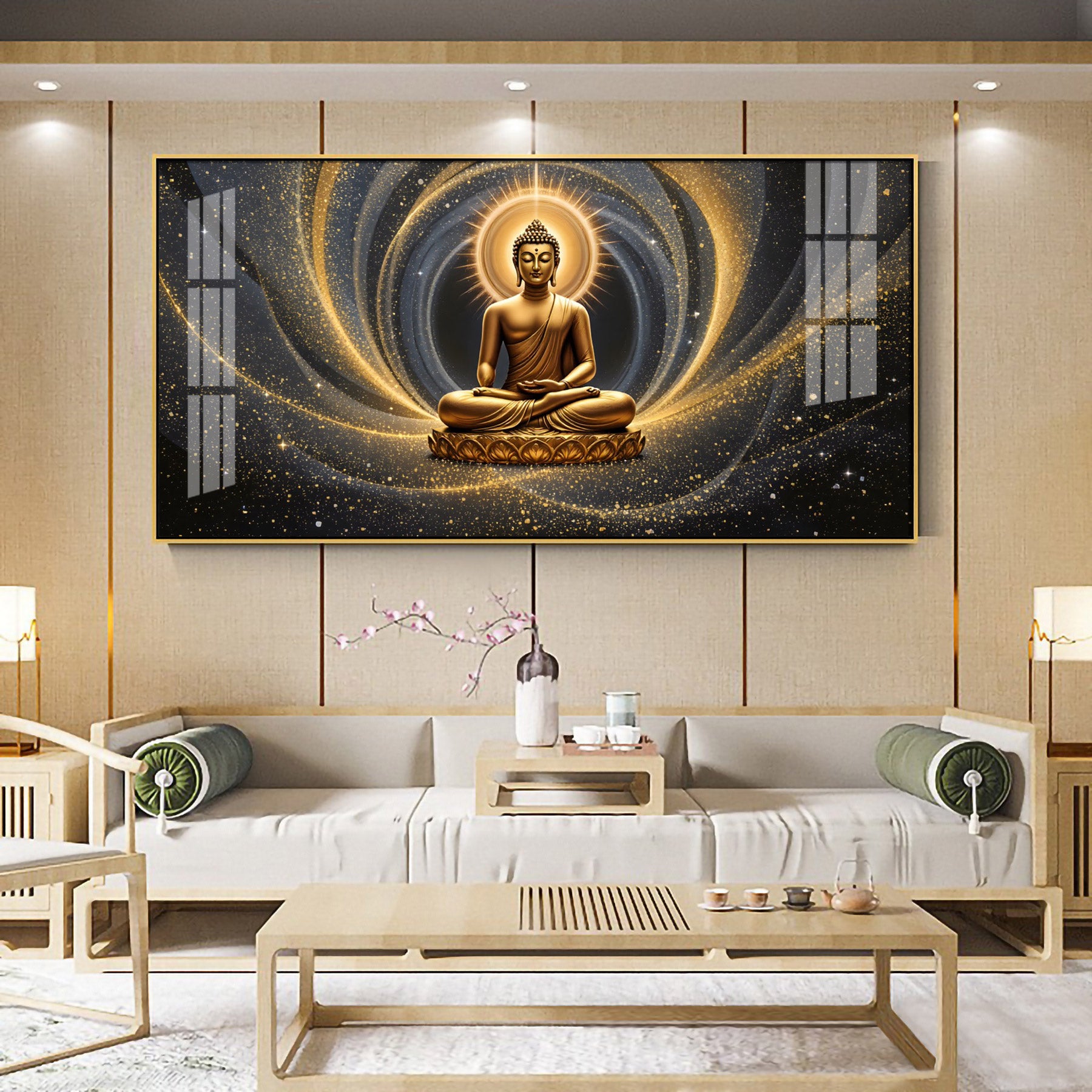 Golden Wave Buddha Reflection Premium Acrylic Horizontal Wall Art