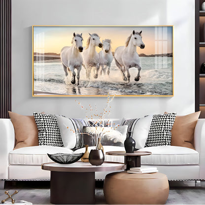 White Running Horses in The Sea Premium Acrylic Horizontal Wall Art