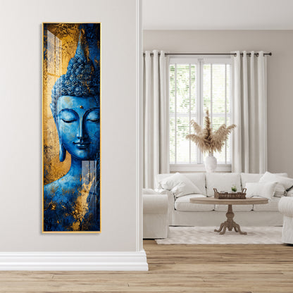 Blue and Gold Meditating Buddha Premium Acrylic Vertical Wall Art