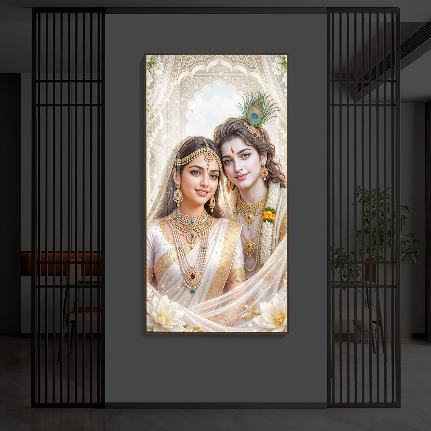 Mystical Love Of Radhe Krishn Modern Luxury Backlight Vertical Wall Art