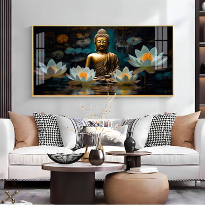 Buddha With White Lotus Premium Acrylic Horizontal Wall Art