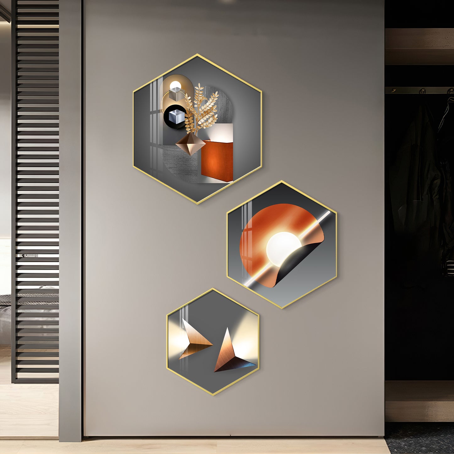 Luminious Abstract Premium Acrylic Hexagon Wall Art (Set of 3)