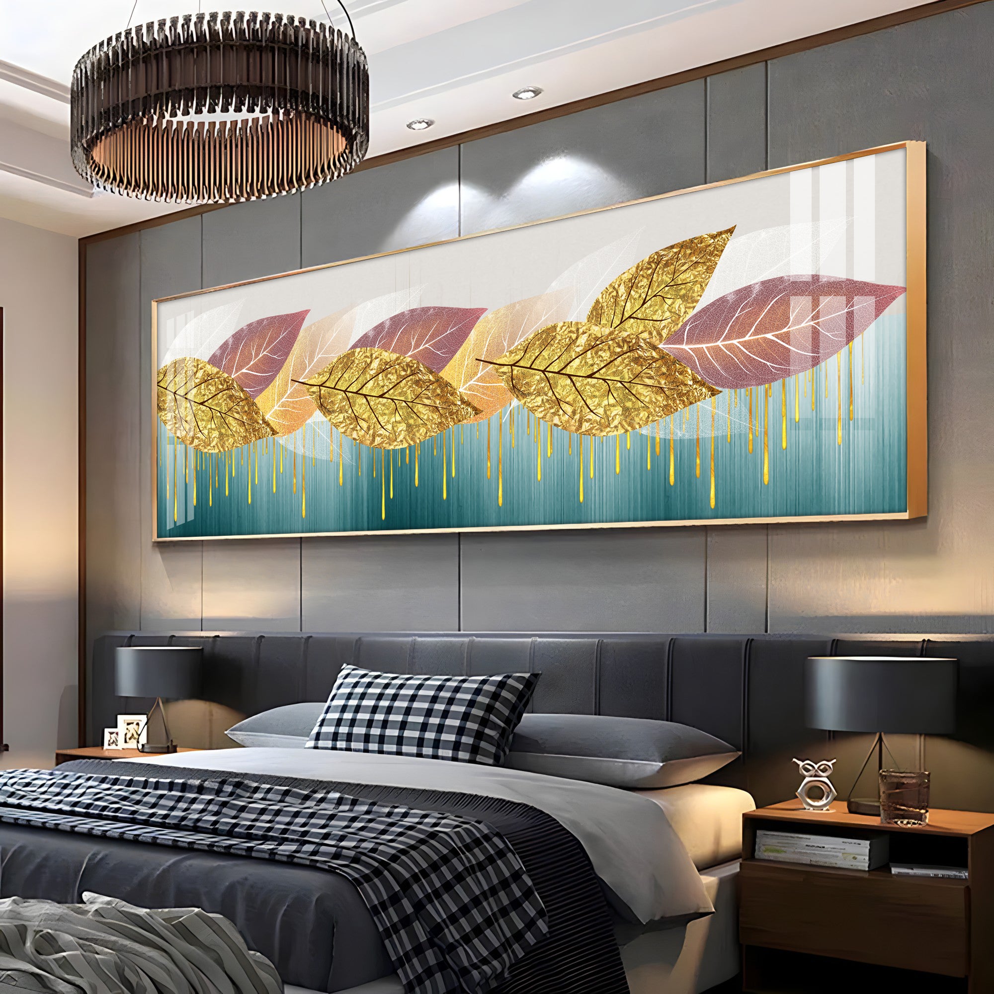 Golden Pink Leaves Luxury Crystal Horizontal Wall Art