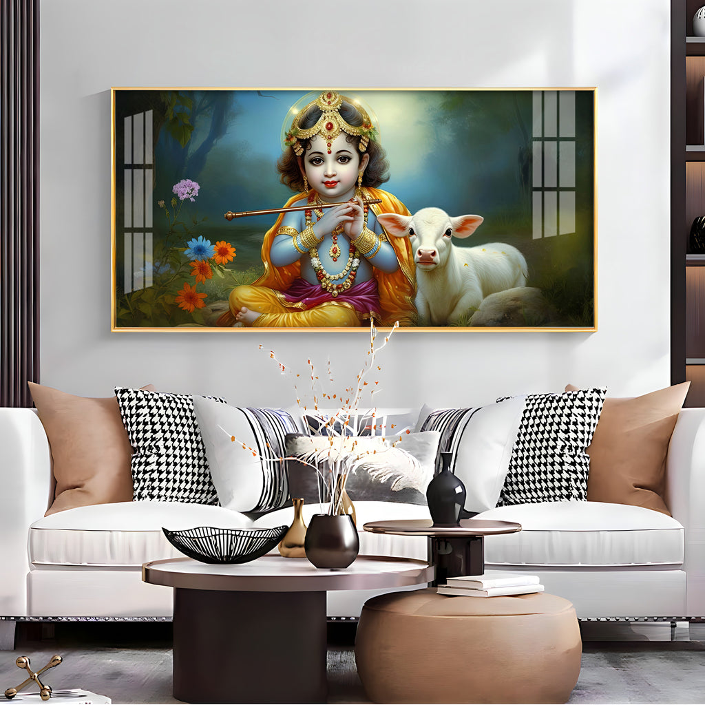 Little Krishna With Bansuri & Cow Premium Acrylic Horizontal Wall Art