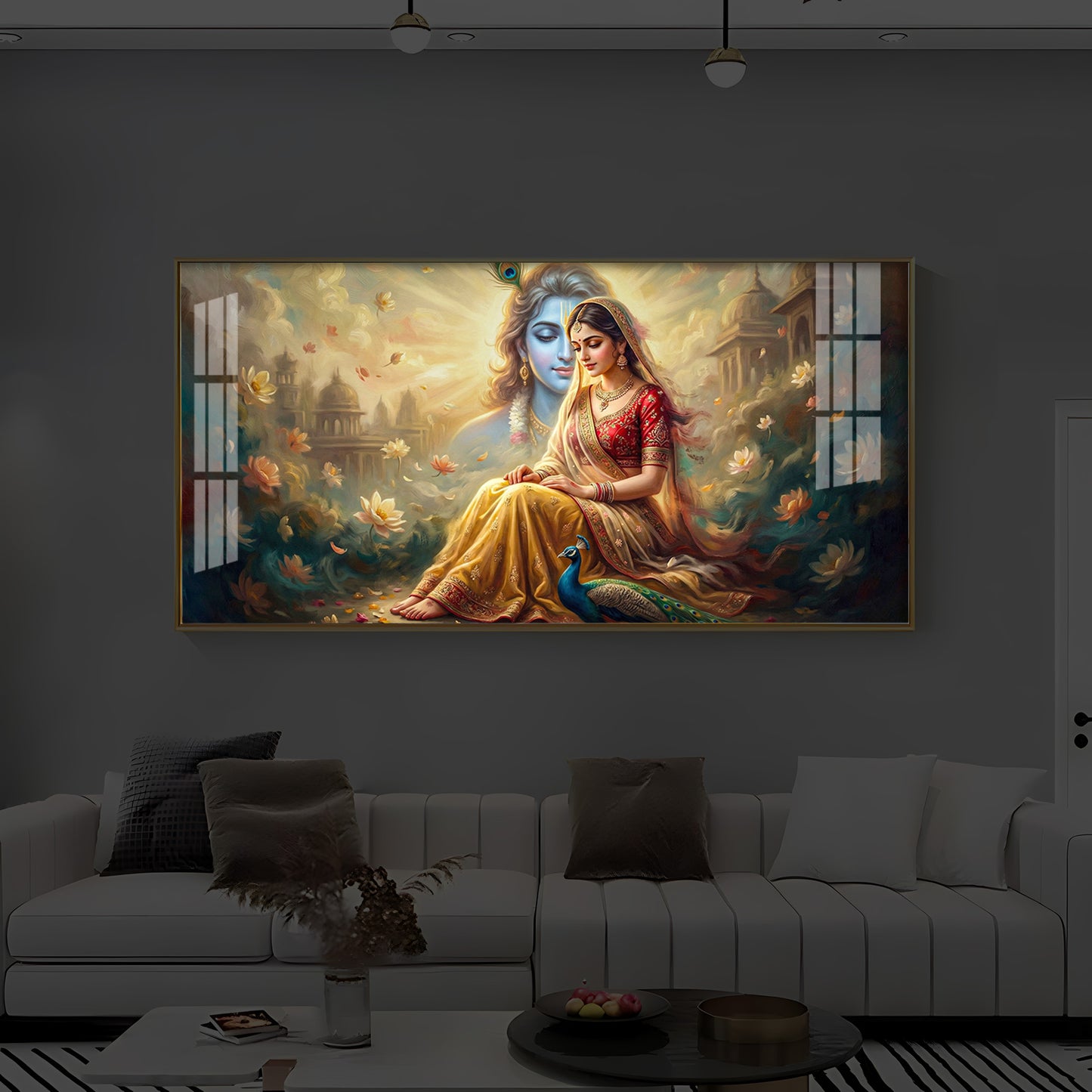 Loving Couple Radha Krishna Modern Luxury Backlight Horizontal Wall Art