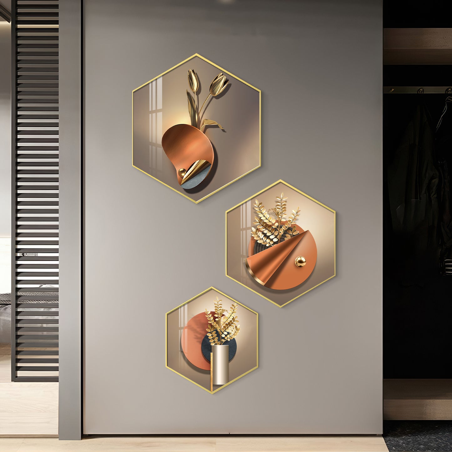 3D Petal Abstract Premium Acrylic Hexagon Wall Art (Set of 3)