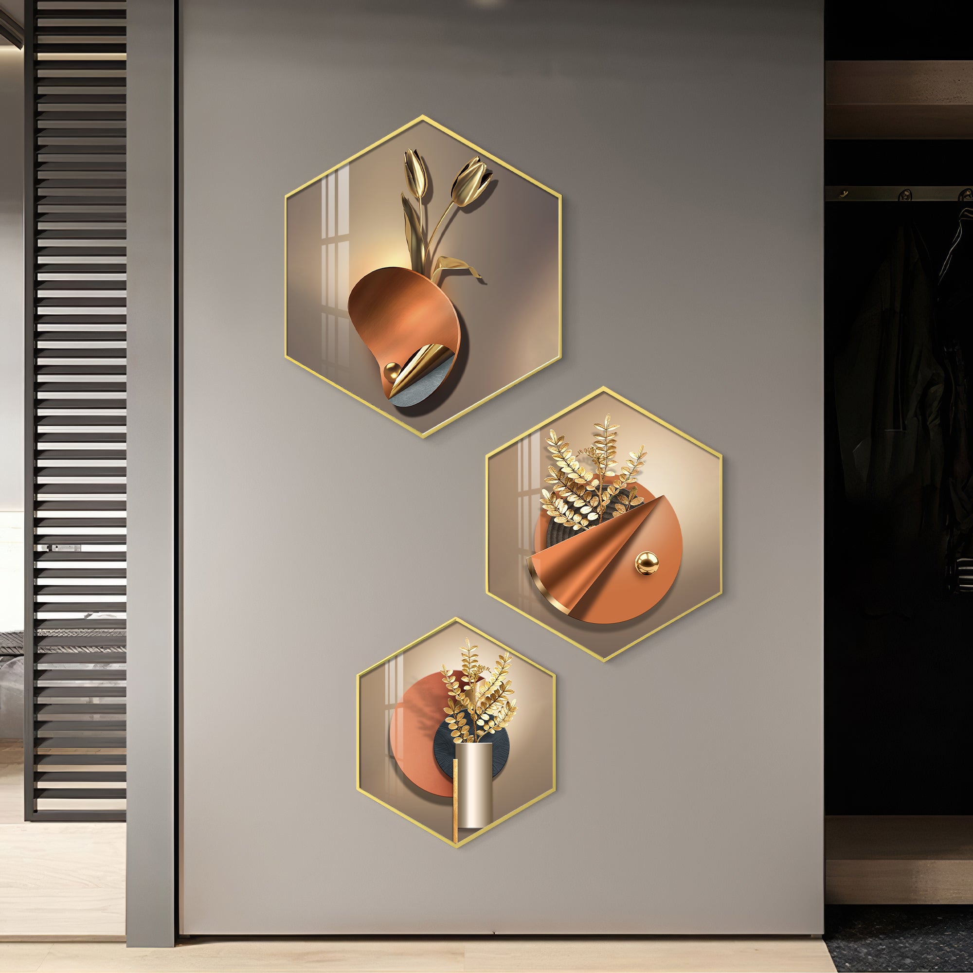 3D Petal Abstract Premium Acrylic Hexagon Wall Art (Set of 3)