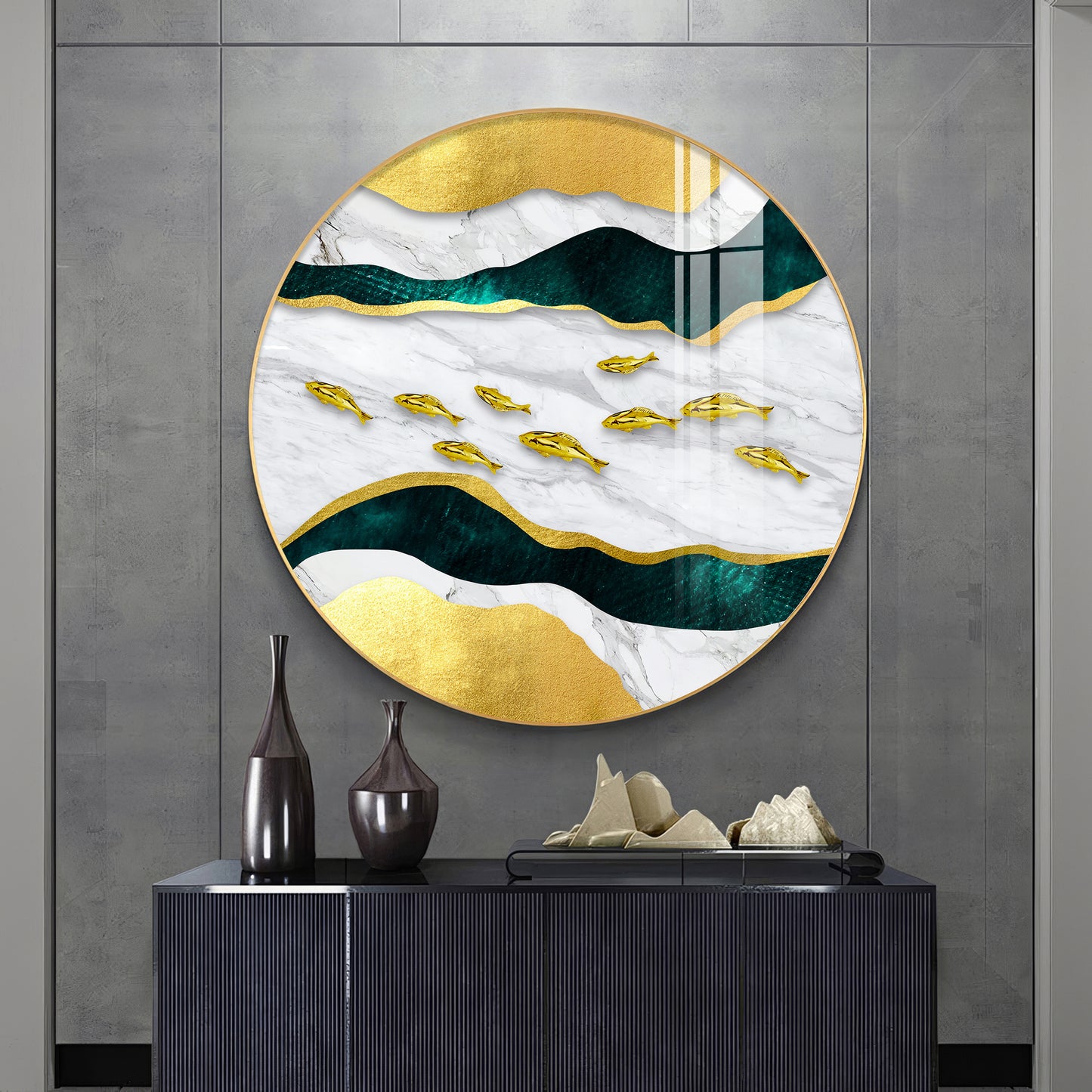 Noir & Gold Fish Premium Acrylic Round Wall Art