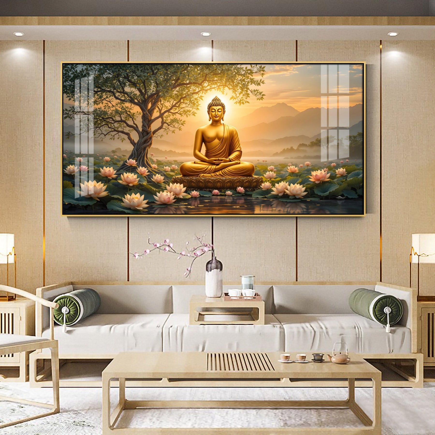 Blissful Buddha With Lotus Petal Premium Acrylic Horizontal Wall Art