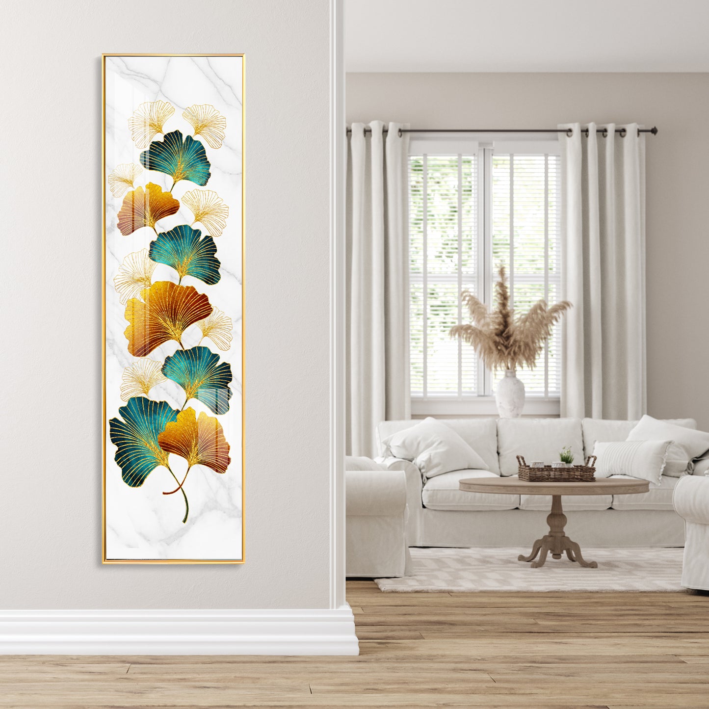 Golden Green Leaves Premium Acrylic Vertical Wall Art