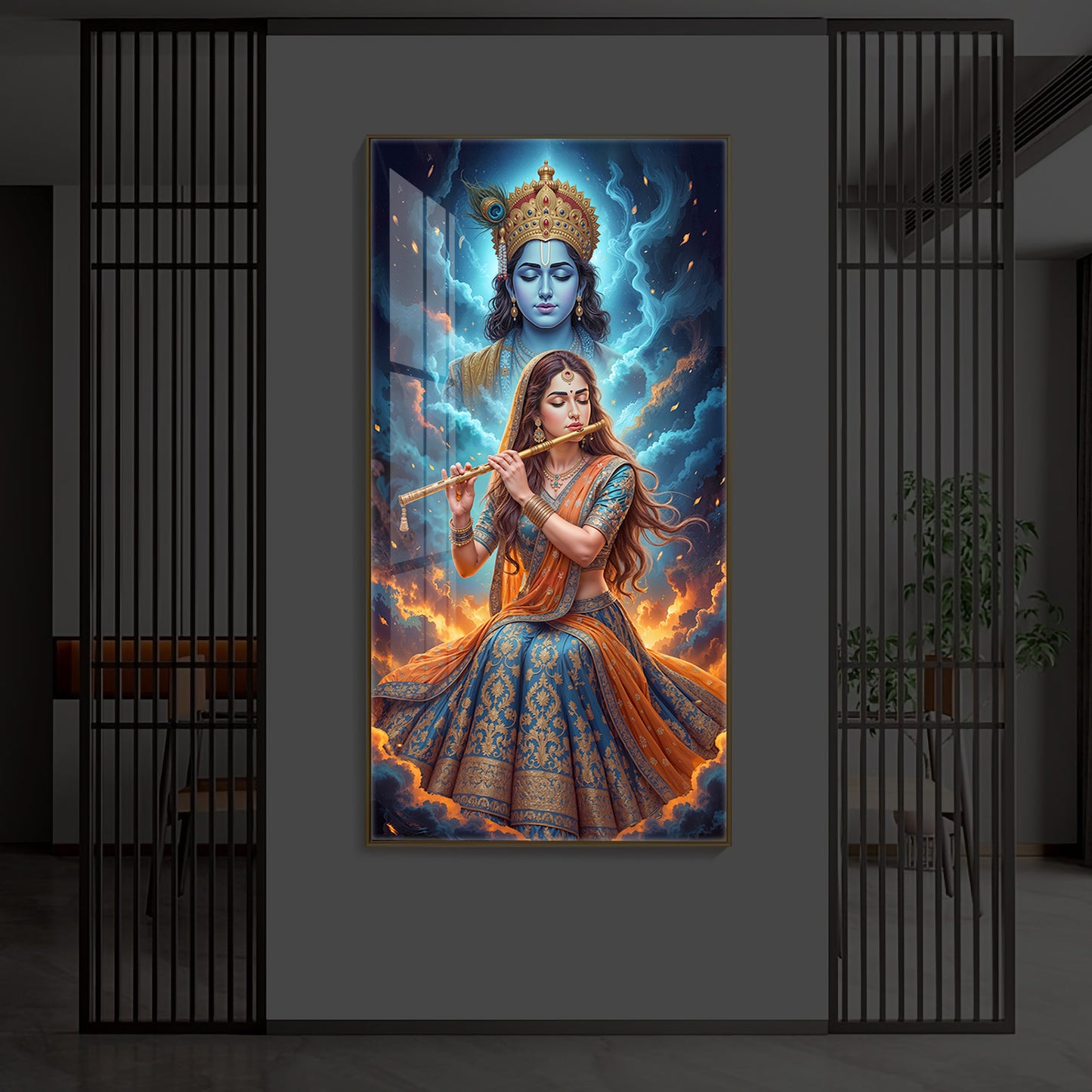 Radhe Krishna Colorful Modern Luxury Backlight Vertical Wall Art