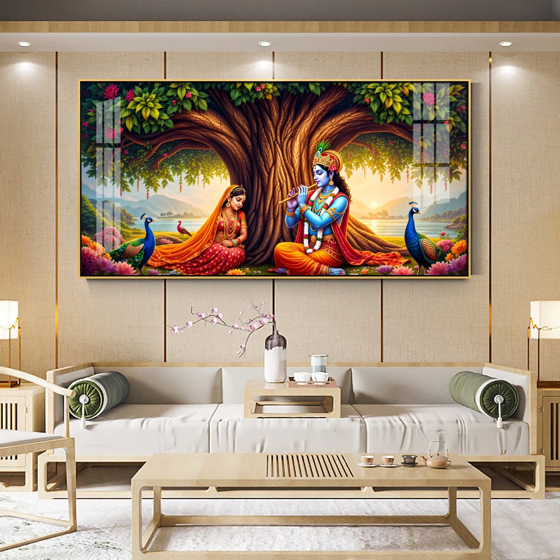 Krishna Playing Flute Under Tree Premium Acrylic Horizontal Wall Art