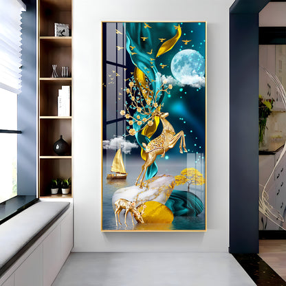 Elegant Golden Deer Chinese Zenstore with Golden Deer Luxury Crystal Wall Art