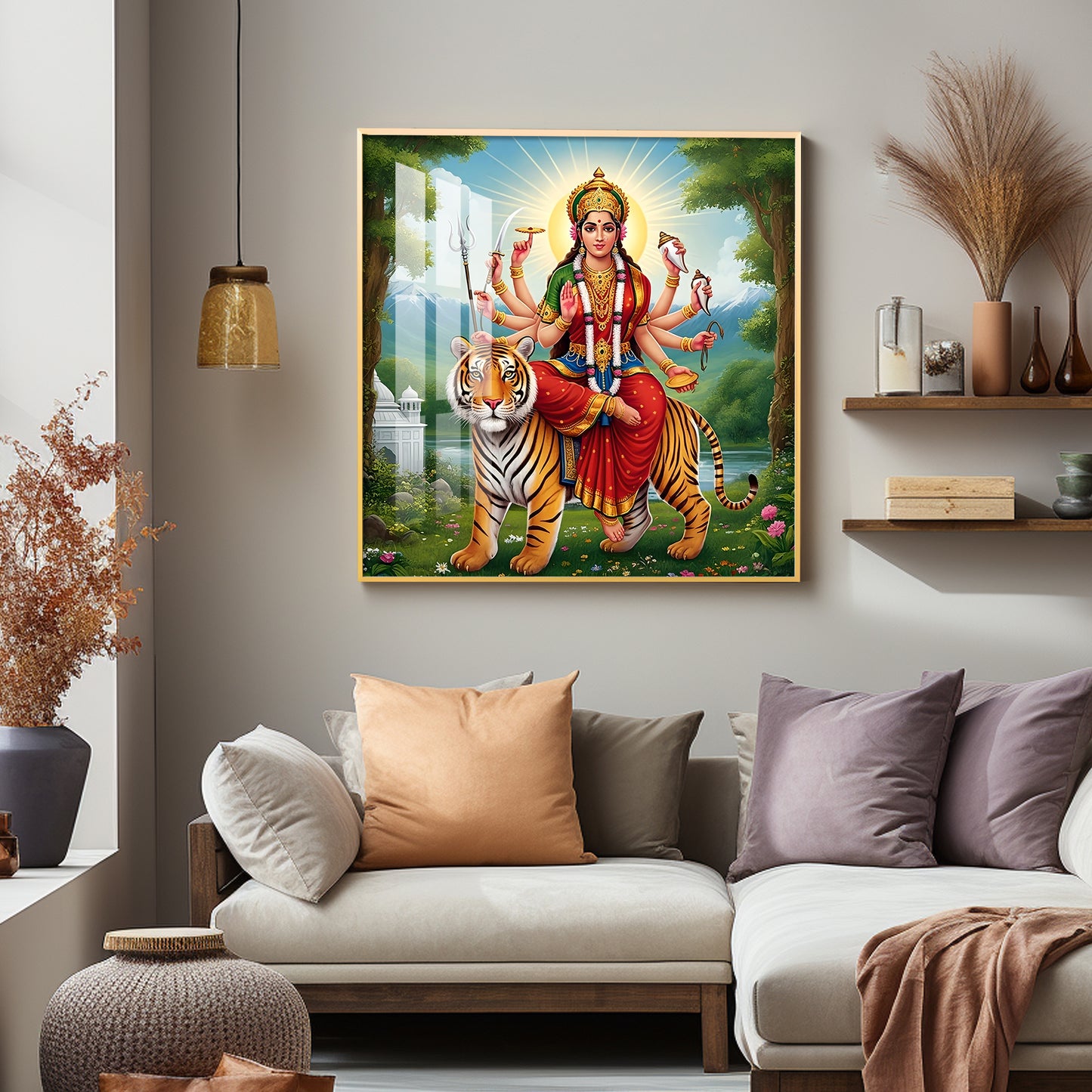 Hindu Goddess With Tiger Premium Acrylic Square Wall Art