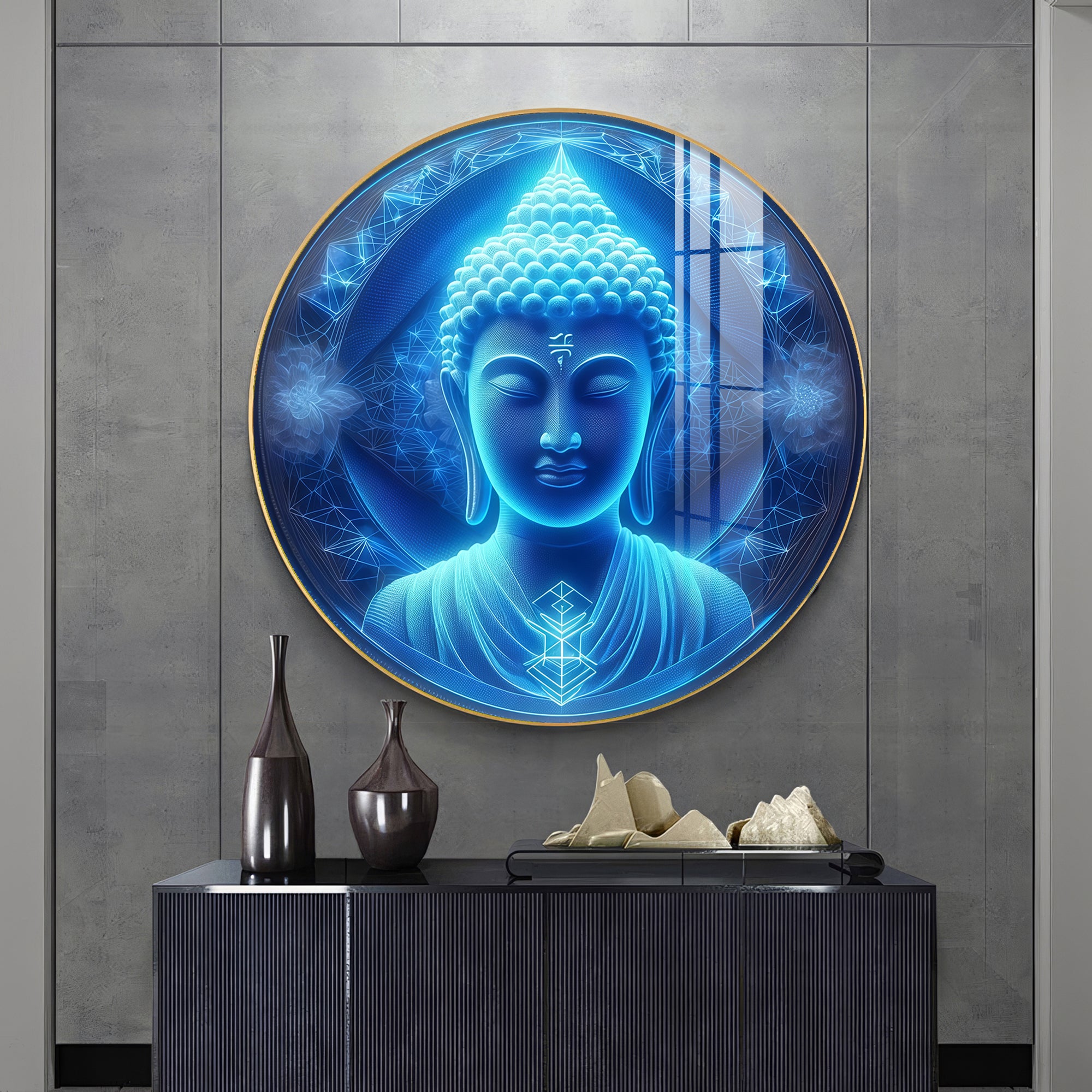 Sacred Buddha In Blue Premium Acrylic Round Wall Art