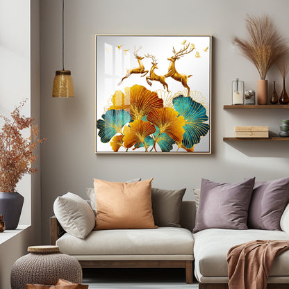 3 Golden Deers With Biloba Leaves Luxury Crystal Square Wall Art